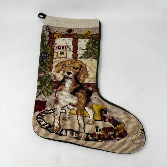 Vintage 100% Wool Needlepoint Christmas Holiday Stocking Beagle Dog Velvet Back - Picture 1 of 7